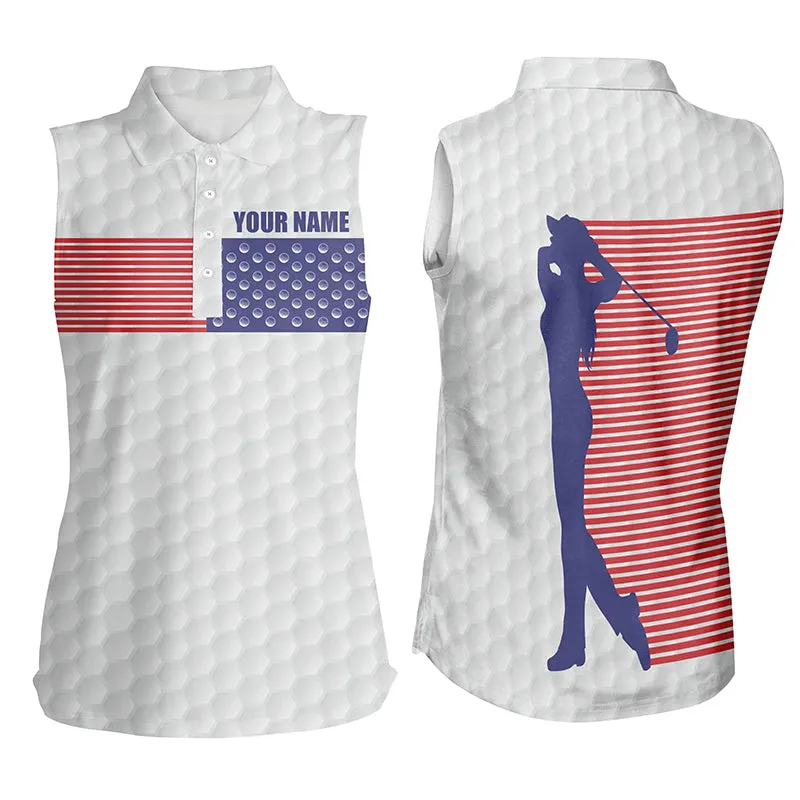 American Flag White Golf Pattern Polo Shirt Custom Patriotic Golf Shirts For Women Golf Gift