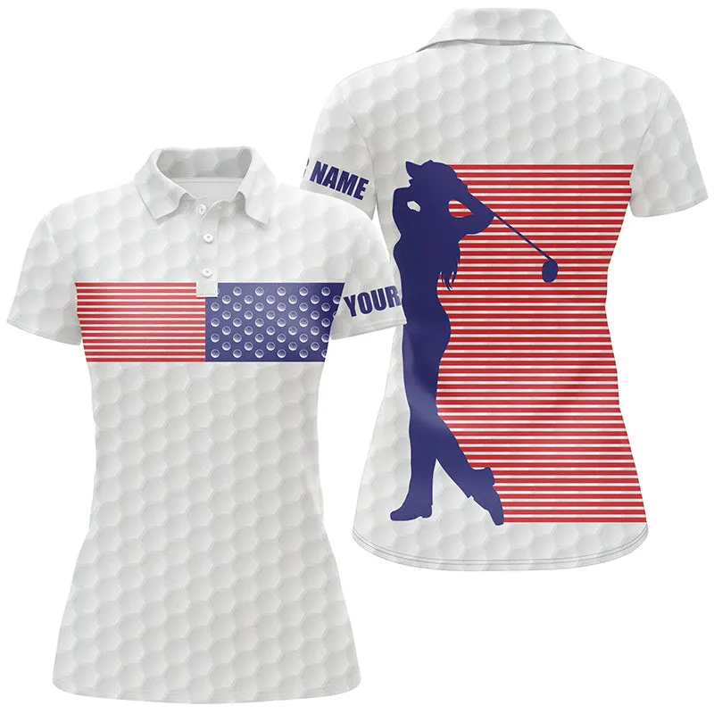 American Flag White Golf Pattern Polo Shirt Custom Patriotic Golf Shirts For Women Golf Gift