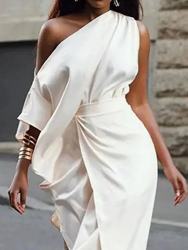 Asymmetric Split-Side One-Shoulder Midi Dresses