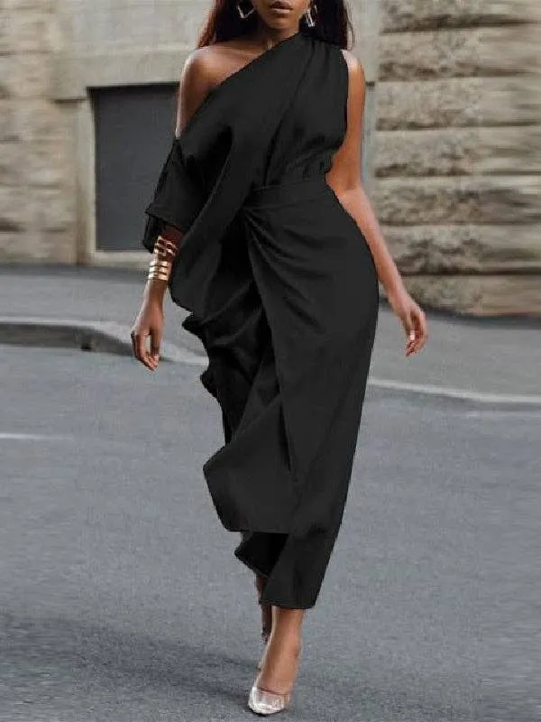 Asymmetric Split-Side One-Shoulder Midi Dresses