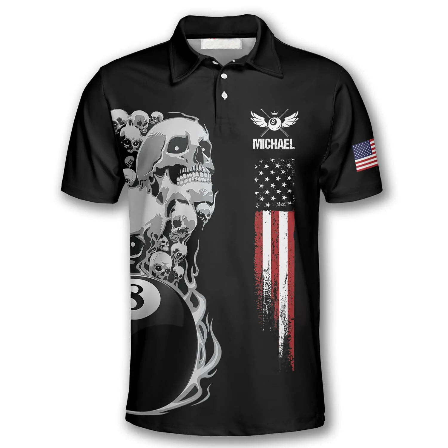 Billiards Skull American Flag Patriotic Custom Billiard Shirts for Men, Flag Shirt, Billiard Polo Shirt