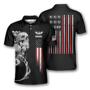 Billiards Skull American Flag Patriotic Custom Billiard Shirts for Men, Flag Shirt, Billiard Polo Shirt