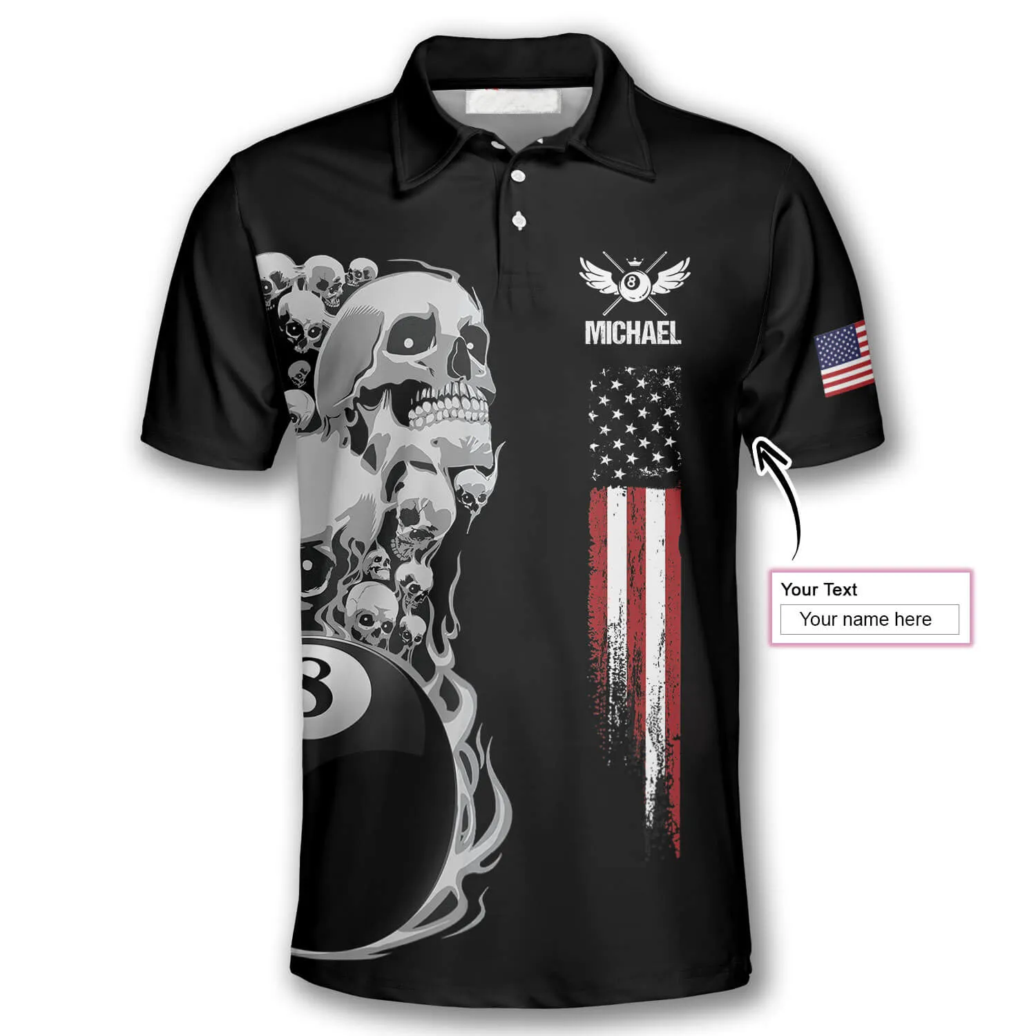 Billiards Skull American Flag Patriotic Custom Billiard Shirts for Men, Flag Shirt, Billiard Polo Shirt