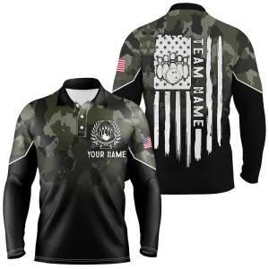 Black Green Camo Mens Polo Bowling Shirts Custom American Flag Patriotic Bowling Team League Jerseys