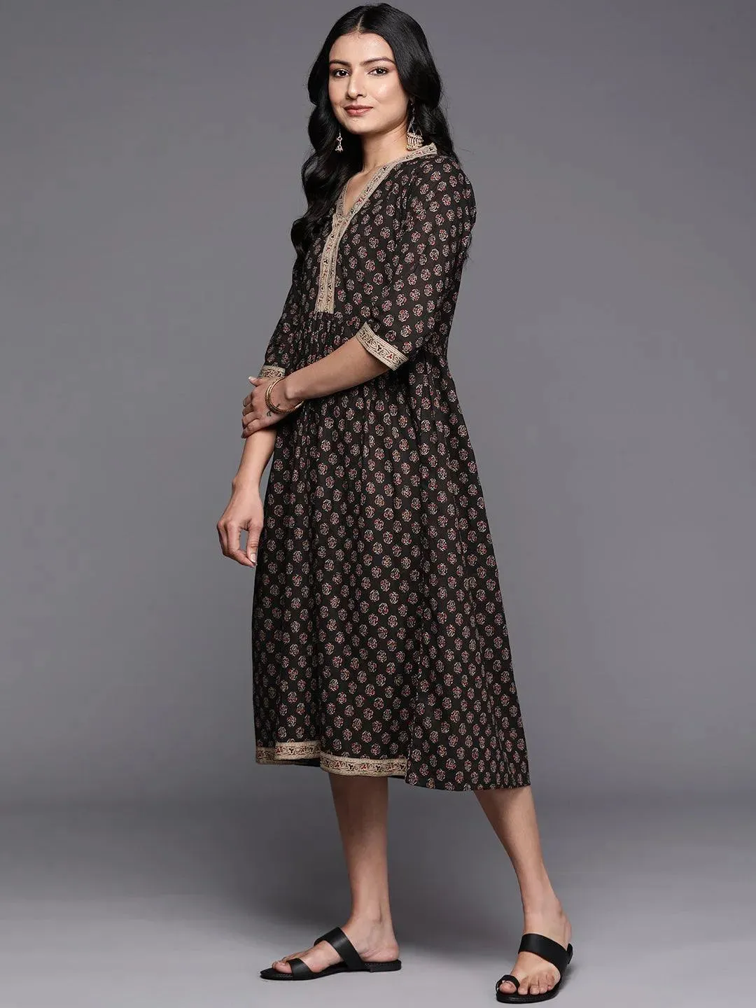 Black Printed Cotton Fit and Flare Dress