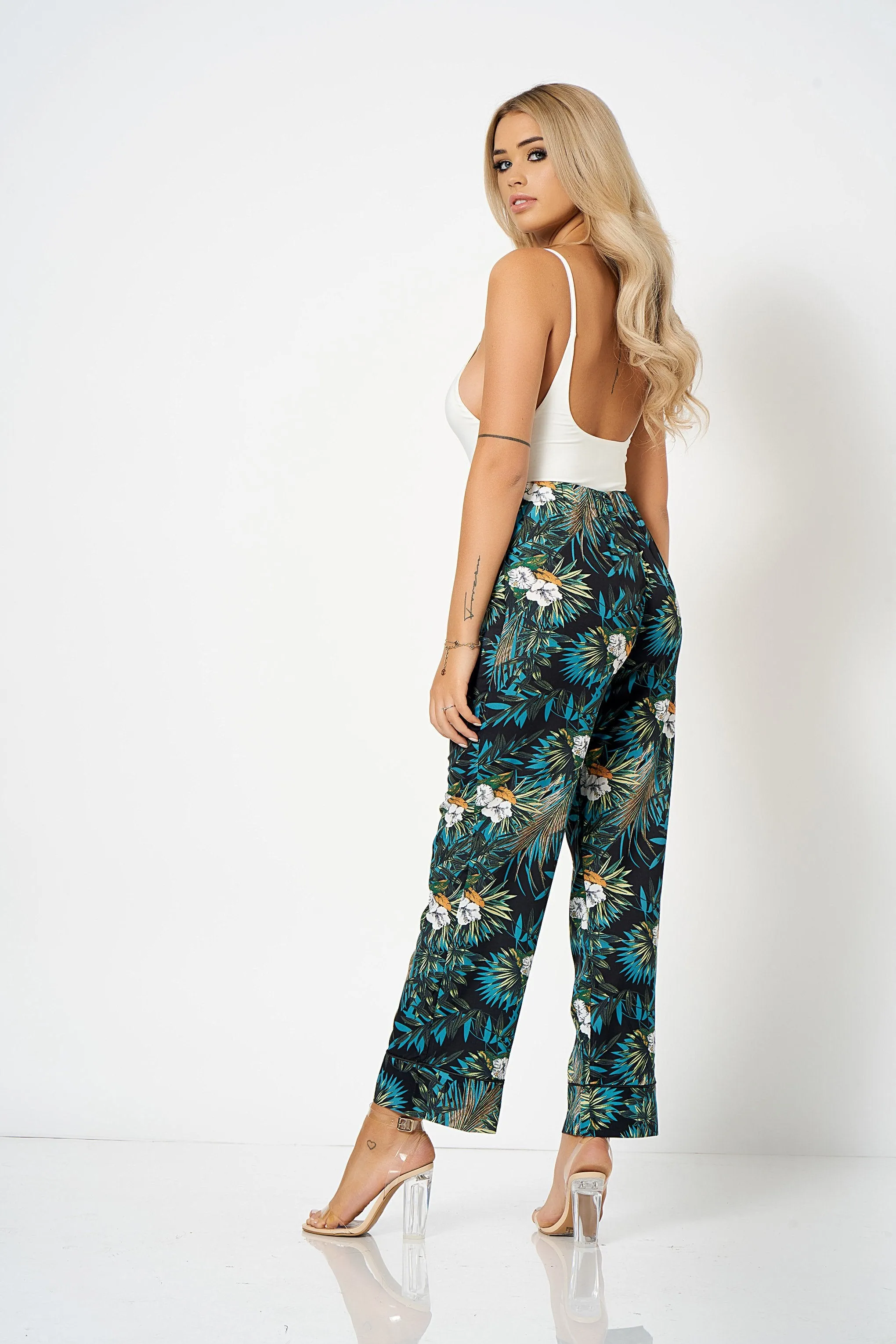 Black Tropical Printed Co-Ord Trousers