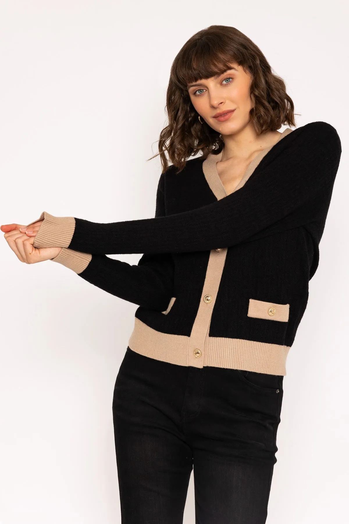 Contrast Black & Beige Placket Cardigan