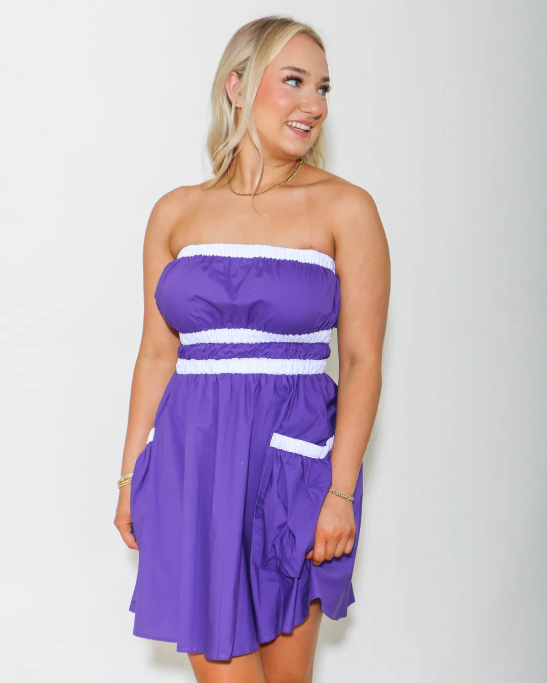 Contrast Gathered Over Sized Pocket Tube Dress in Purple