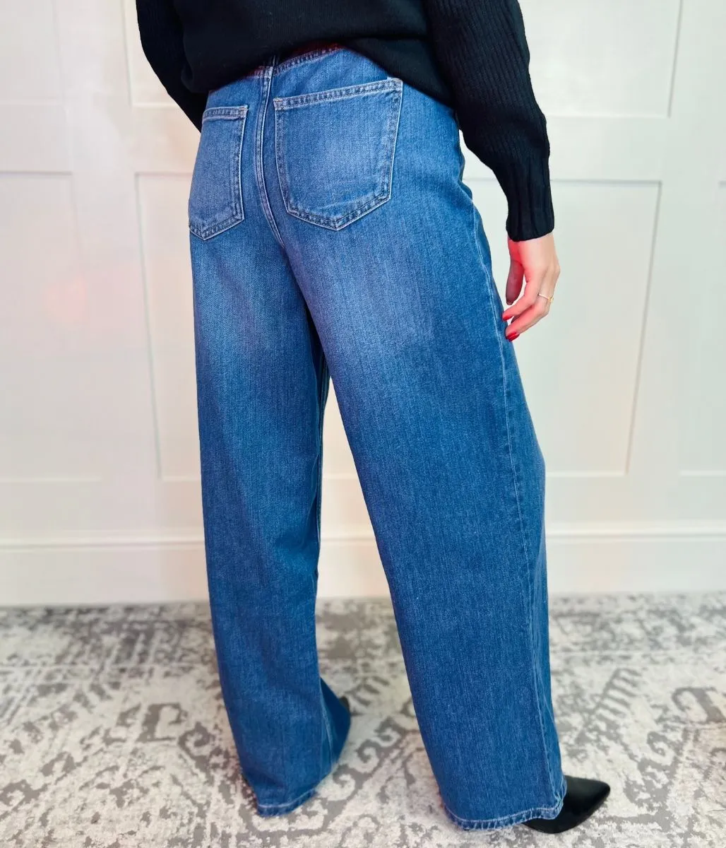 Dark Blue Denim Wide Leg Jeans