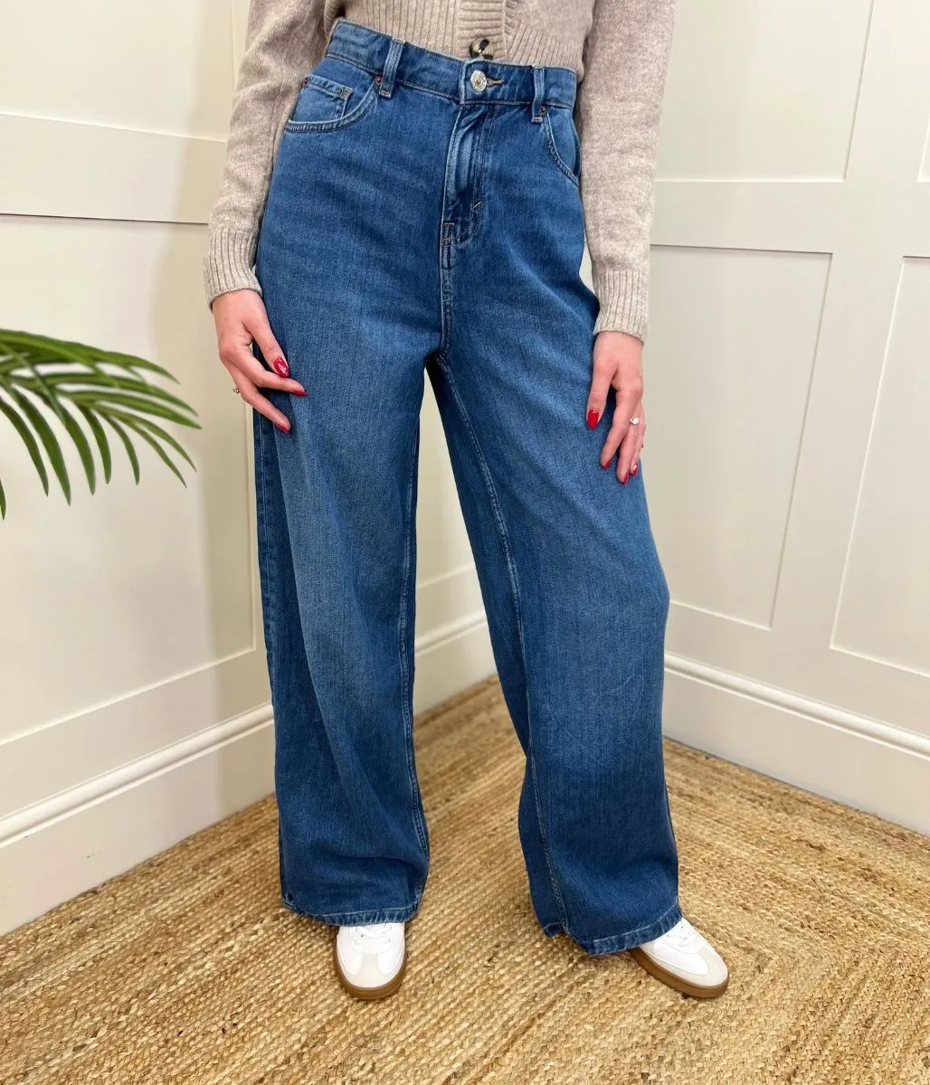 Dark Blue Denim Wide Leg Jeans