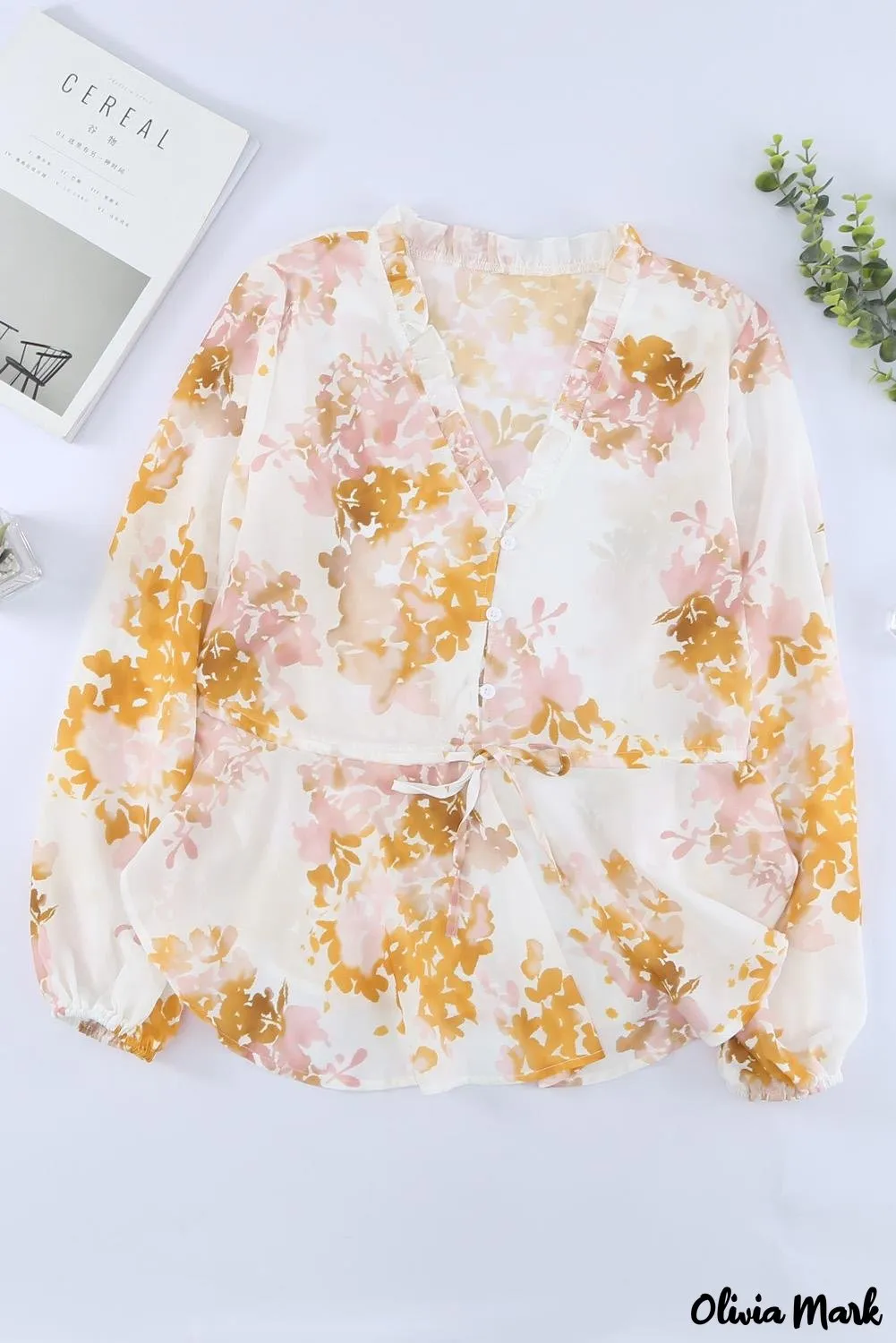 Deanwangkt - Floral V-Neck Ruffle Tie Waist Puff Sleeve Blouse