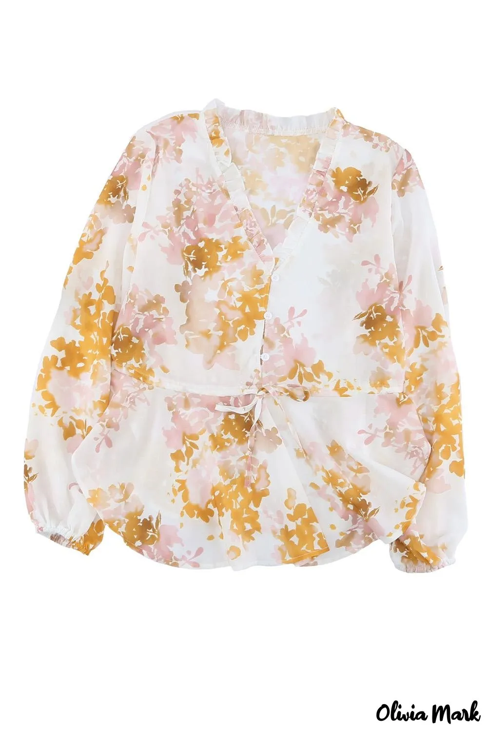 Deanwangkt - Floral V-Neck Ruffle Tie Waist Puff Sleeve Blouse