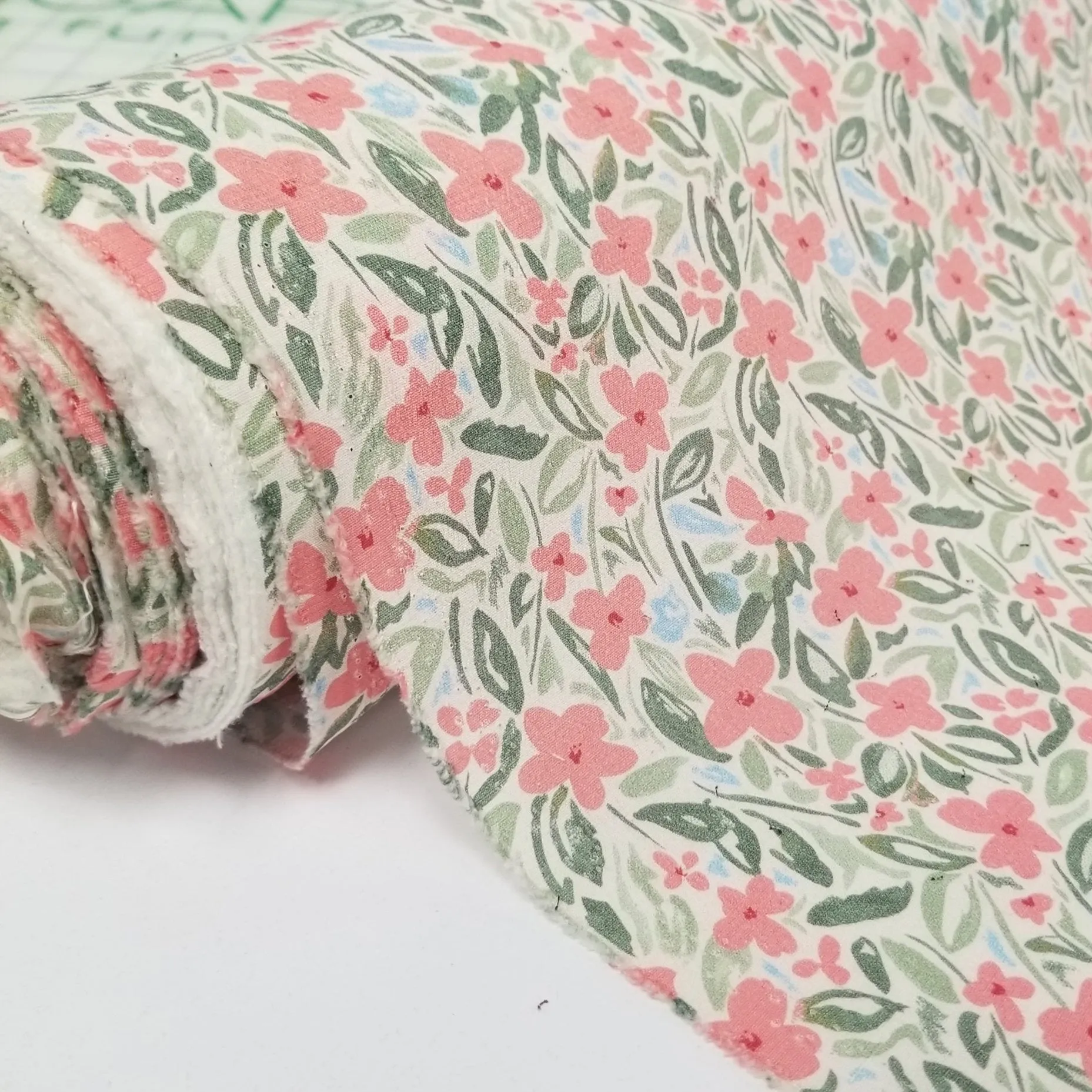 Designer Deadstock Slight Stretch Rayon Crepe  Green and Coral Floral Woven- by the yard