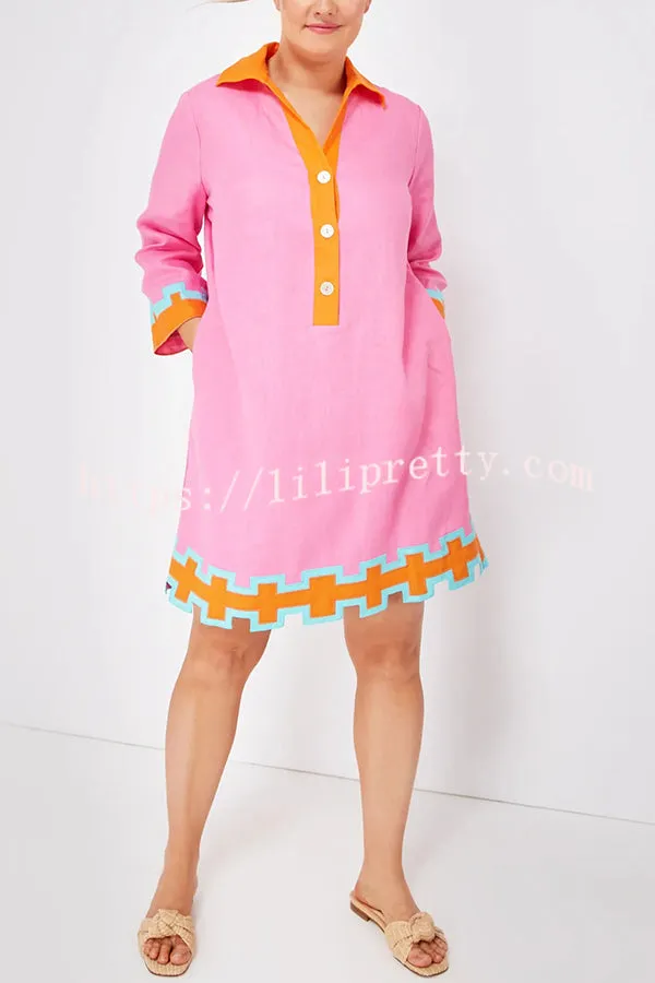 Effortless Vibes Linen Blend Scallop Trim Pocketed Shirt Mini Dress