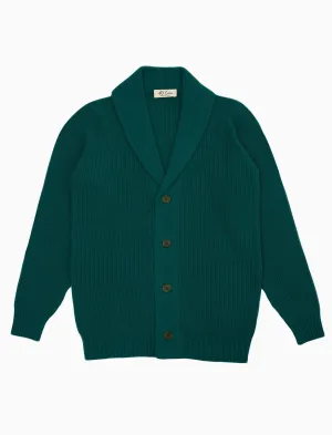 Emerald Green Ribbed Shawl Neck Wool & Cashmere Cardigan