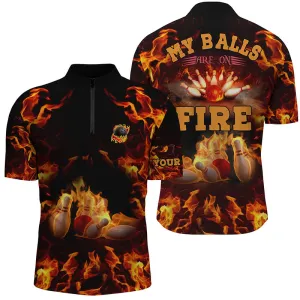 Flame bowling shirt custom my balls are on fire bowling Quarter Zip shirts for men, bowling jersey