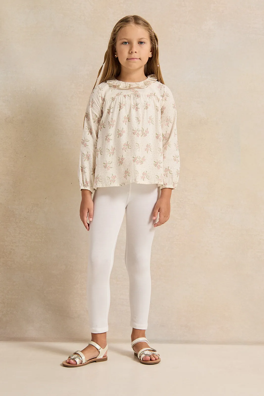 Girls Cream Printed Long Sleeve Blouse