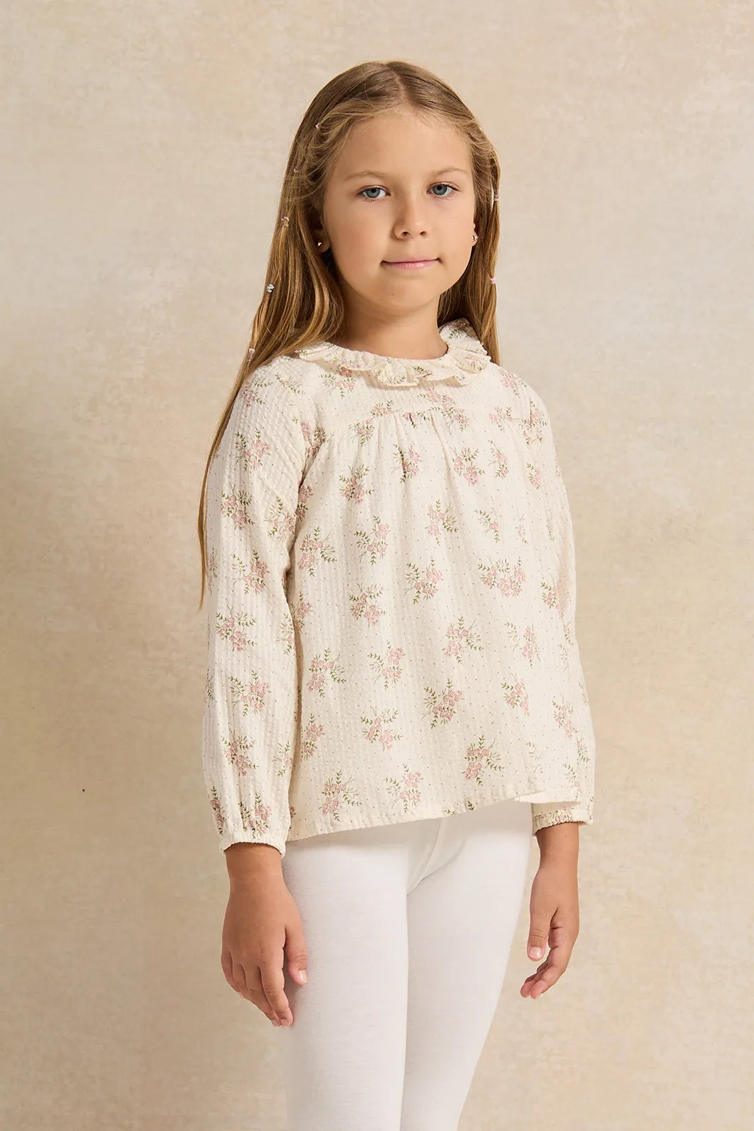 Girls Cream Printed Long Sleeve Blouse