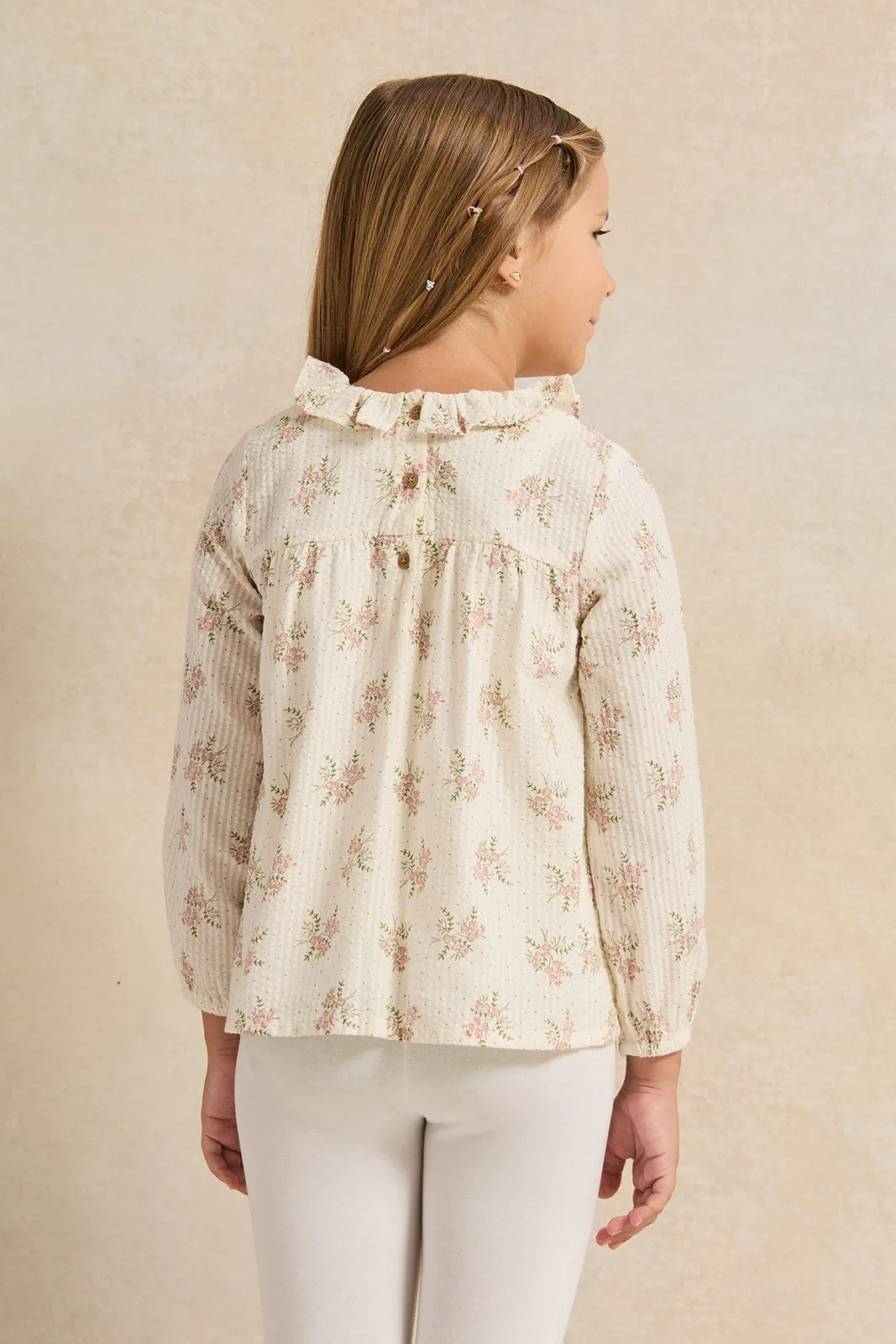 Girls Cream Printed Long Sleeve Blouse