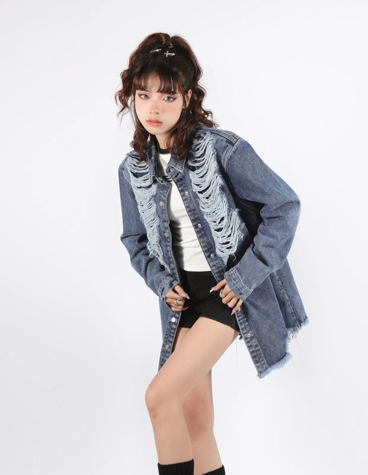 Grunge Distressed Long Denim Jacket