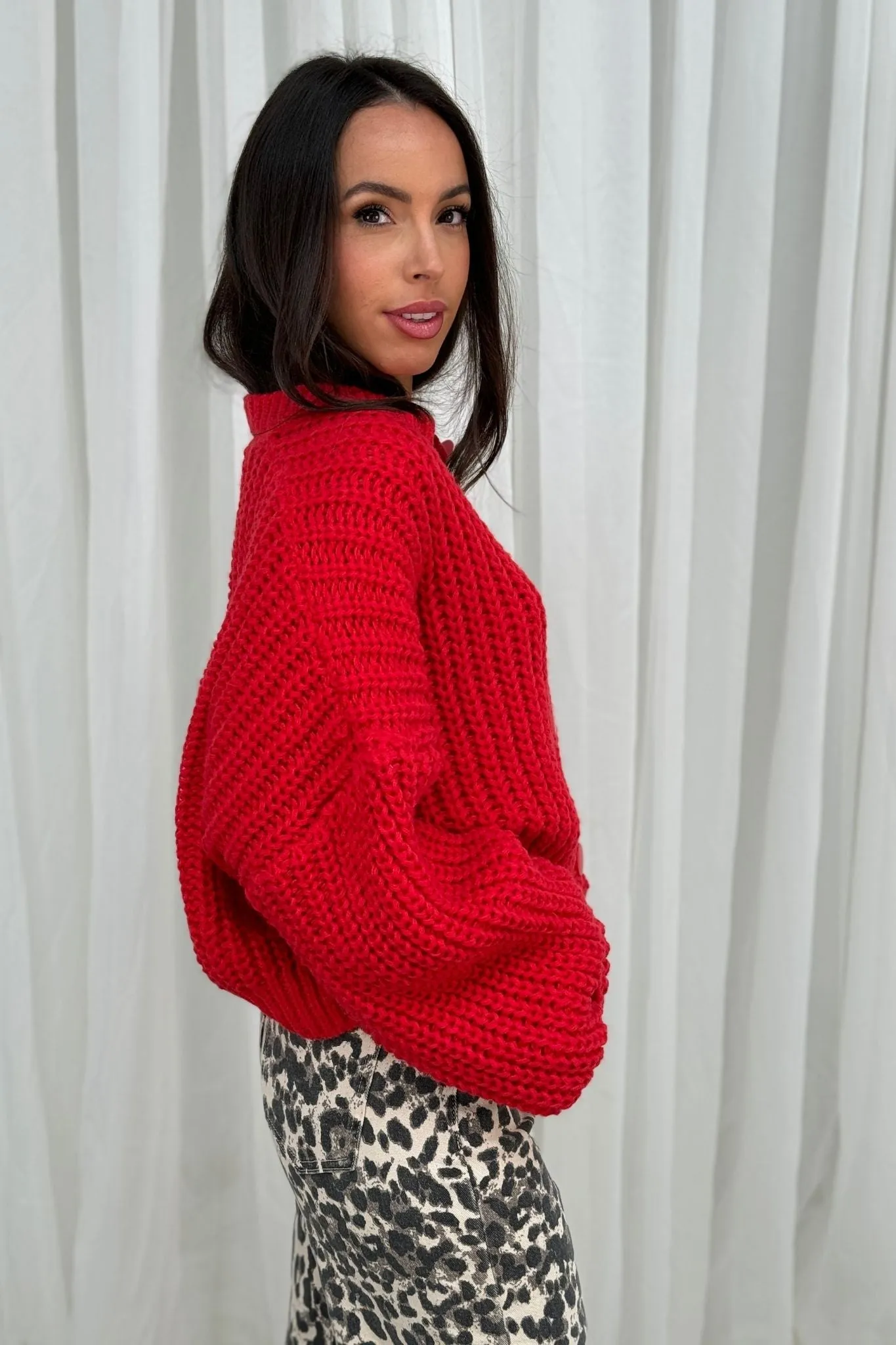 Lila Chunky Knit Cardigan In Red