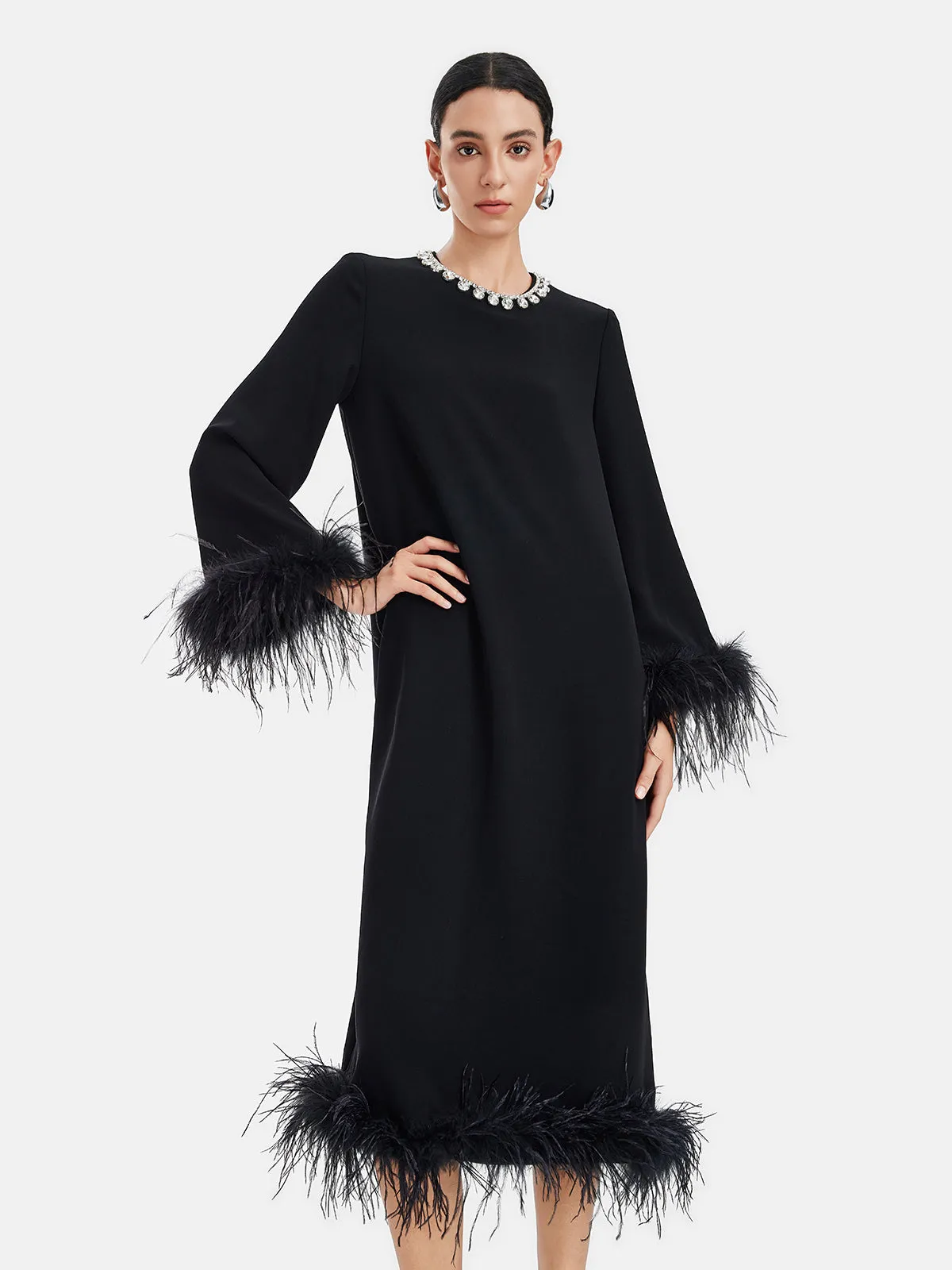 Luxurious Black Feather-Trimmed Dress