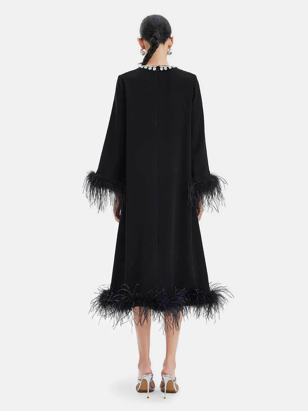 Luxurious Black Feather-Trimmed Dress