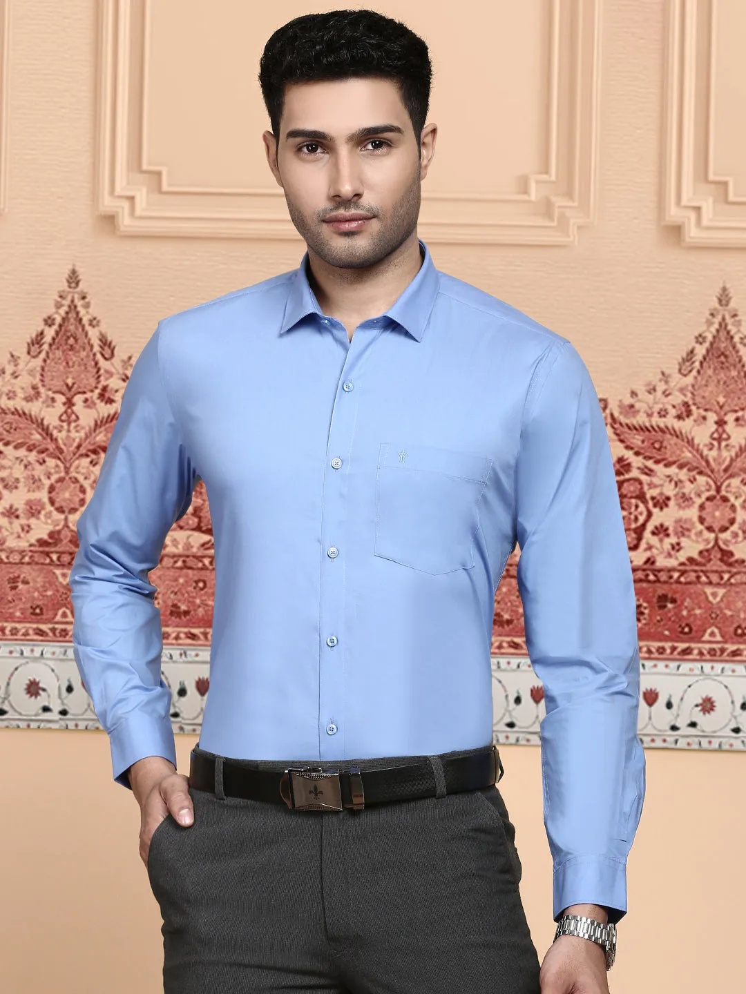 Men Cotton Spandex Shirt 2 Way Stretch Blue LY8