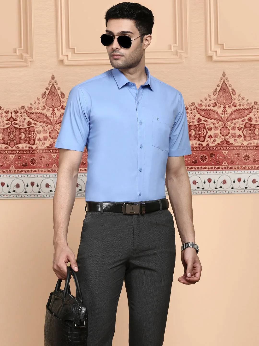 Men Cotton Spandex Shirt 2 Way Stretch Blue LY8