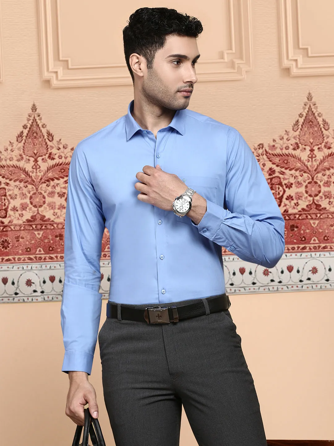 Men Cotton Spandex Shirt 2 Way Stretch Blue LY8