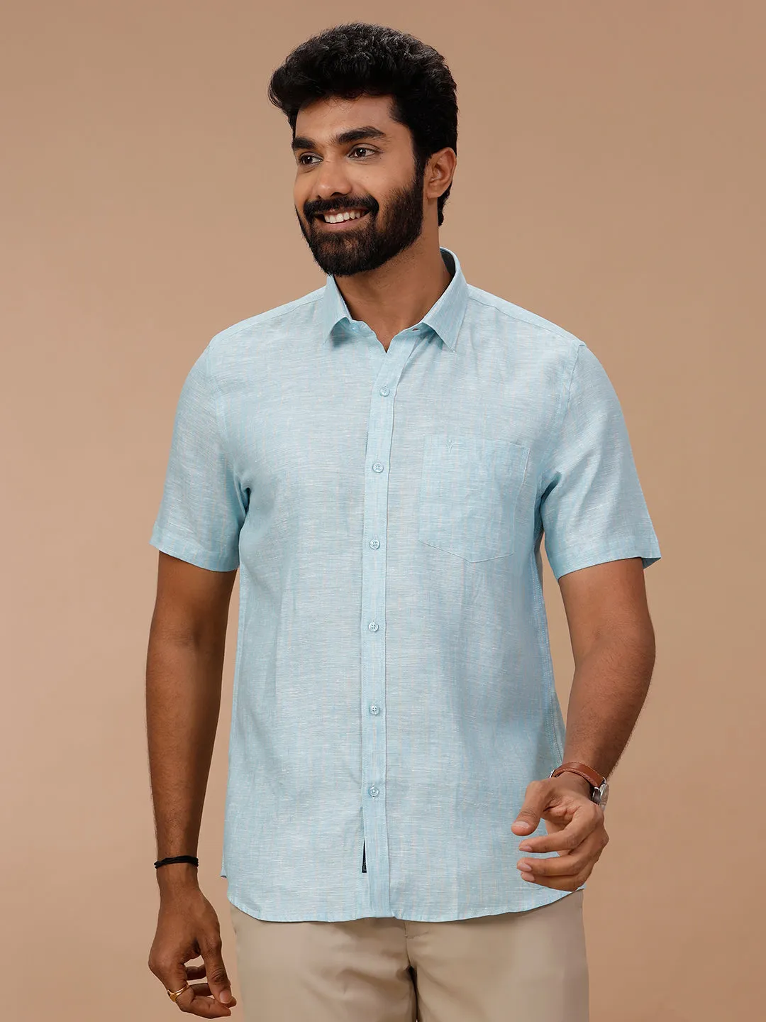 Men Pure Linen Striped Shirt Blue - LS90