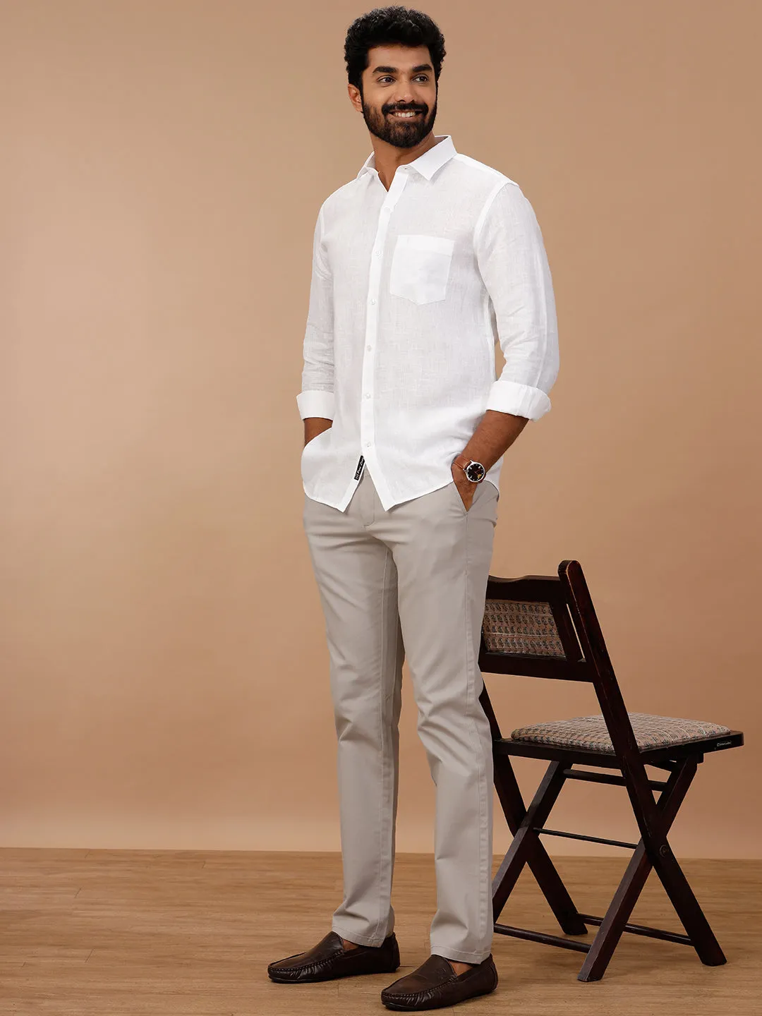 Men Self Design Pure Linen White Shirt 1542JF