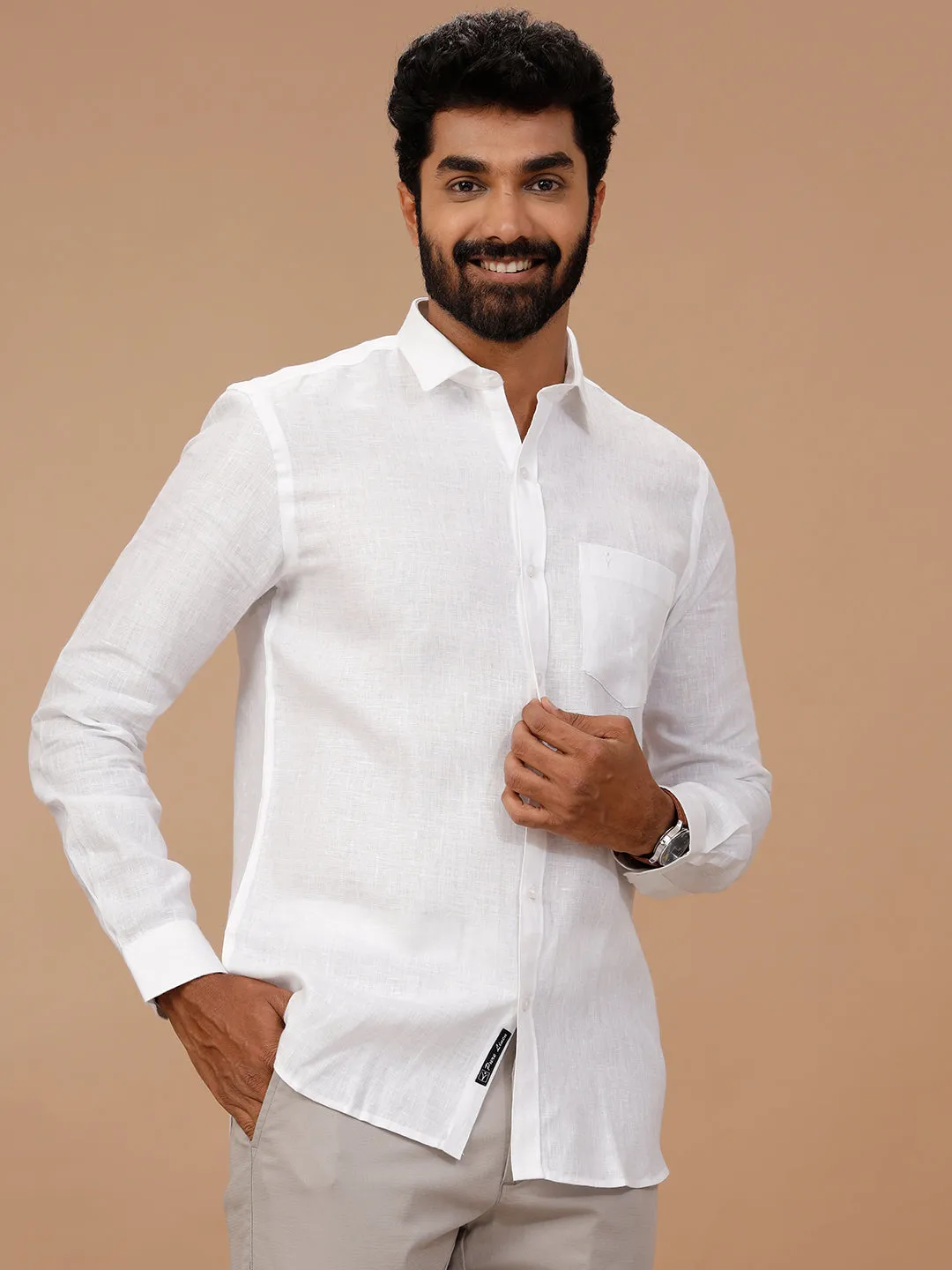 Men Self Design Pure Linen White Shirt 1542JF