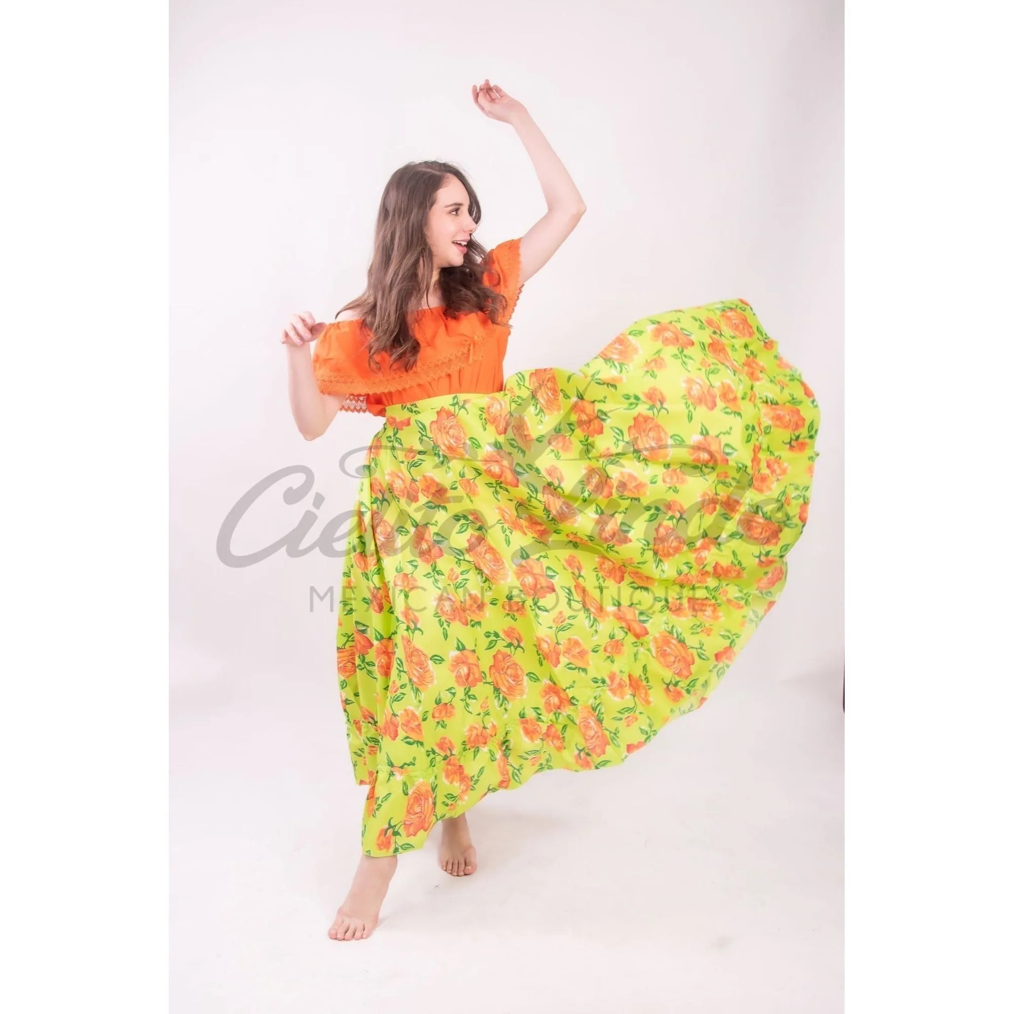 Mexican Folklorico Green Floral Skirt