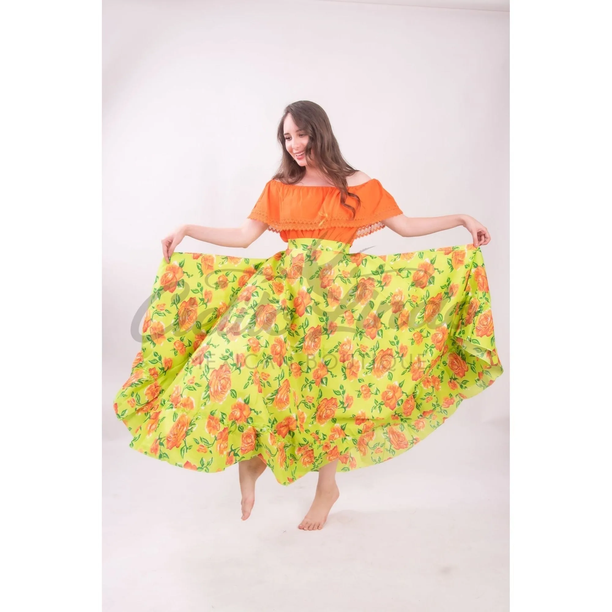 Mexican Folklorico Green Floral Skirt