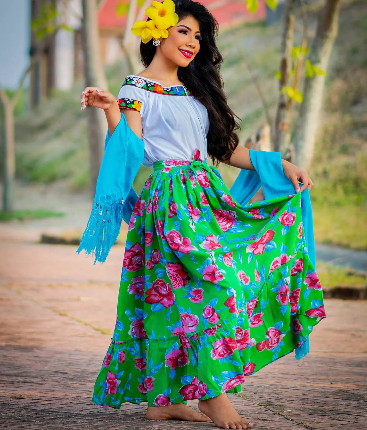 Mexican Folklorico Green Floral Skirt