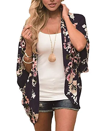 Naivikid Women's Summer Floral Print Kimonos Loose Half Sleeve Chiffon Cardigan Blouses Casual Cover Up Tibetan Blue Flower XXL