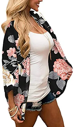 Naivikid Women's Summer Floral Print Kimonos Loose Half Sleeve Chiffon Cardigan Blouses Casual Cover Up Tibetan Blue Flower XXL