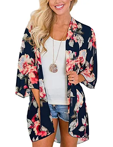 Naivikid Women's Summer Floral Print Kimonos Loose Half Sleeve Chiffon Cardigan Blouses Casual Cover Up Tibetan Blue Flower XXL