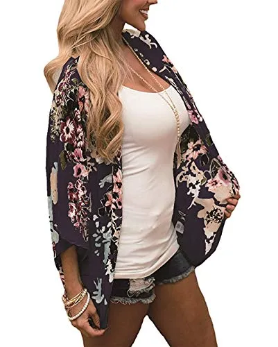 Naivikid Women's Summer Floral Print Kimonos Loose Half Sleeve Chiffon Cardigan Blouses Casual Cover Up Tibetan Blue Flower XXL