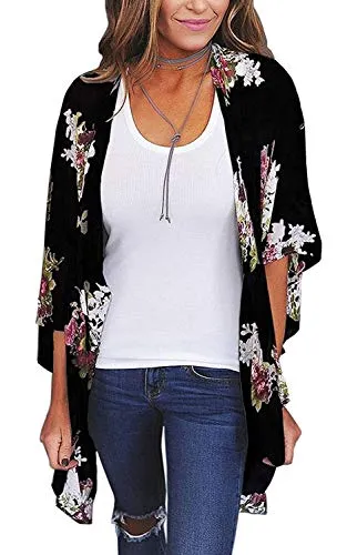 Naivikid Women's Summer Floral Print Kimonos Loose Half Sleeve Chiffon Cardigan Blouses Casual Cover Up Tibetan Blue Flower XXL