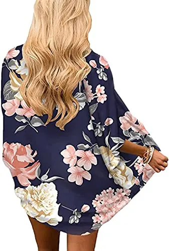 Naivikid Women's Summer Floral Print Kimonos Loose Half Sleeve Chiffon Cardigan Blouses Casual Cover Up Tibetan Blue Flower XXL