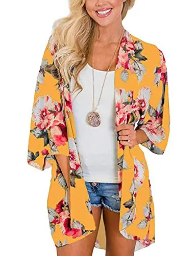 Naivikid Women's Summer Floral Print Kimonos Loose Half Sleeve Chiffon Cardigan Blouses Casual Cover Up Tibetan Blue Flower XXL