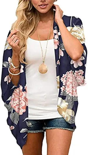 Naivikid Women's Summer Floral Print Kimonos Loose Half Sleeve Chiffon Cardigan Blouses Casual Cover Up Tibetan Blue Flower XXL