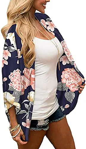 Naivikid Women's Summer Floral Print Kimonos Loose Half Sleeve Chiffon Cardigan Blouses Casual Cover Up Tibetan Blue Flower XXL