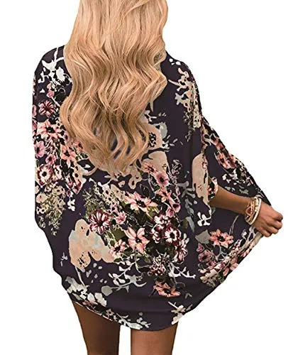 Naivikid Women's Summer Floral Print Kimonos Loose Half Sleeve Chiffon Cardigan Blouses Casual Cover Up Tibetan Blue Flower XXL