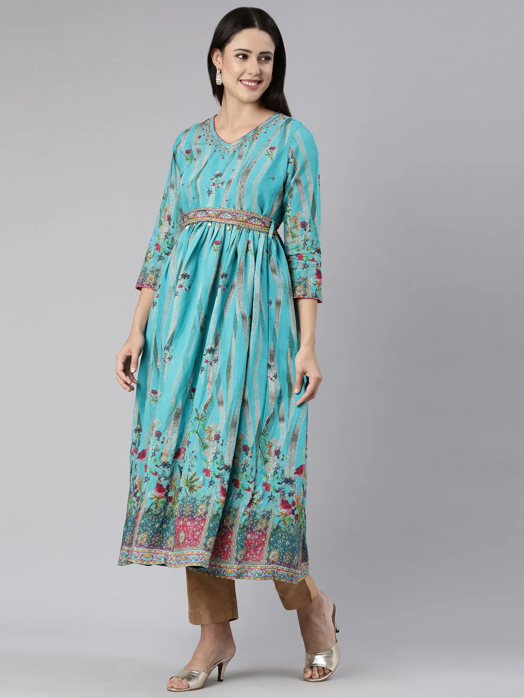 Neeru's Blue Straight Casual Floral Dress