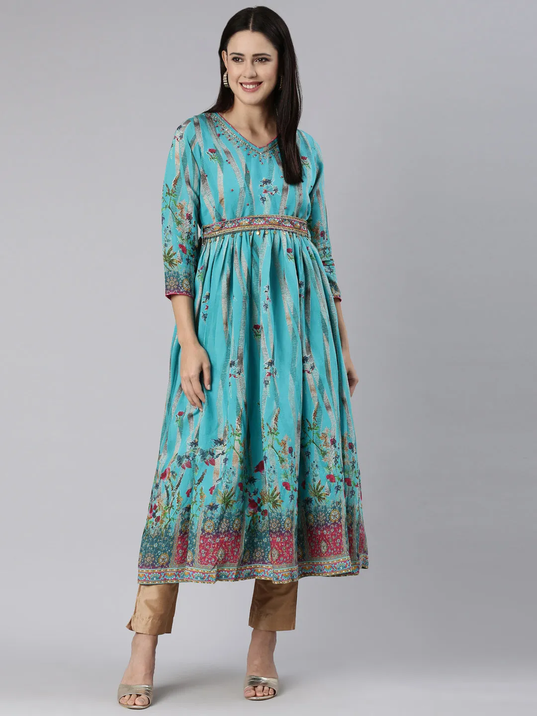 Neeru's Blue Straight Casual Floral Dress