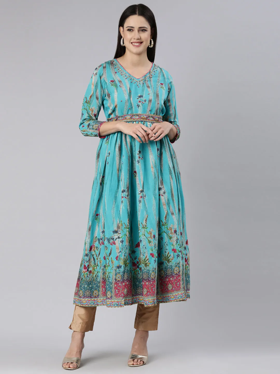 Neeru's Blue Straight Casual Floral Dress