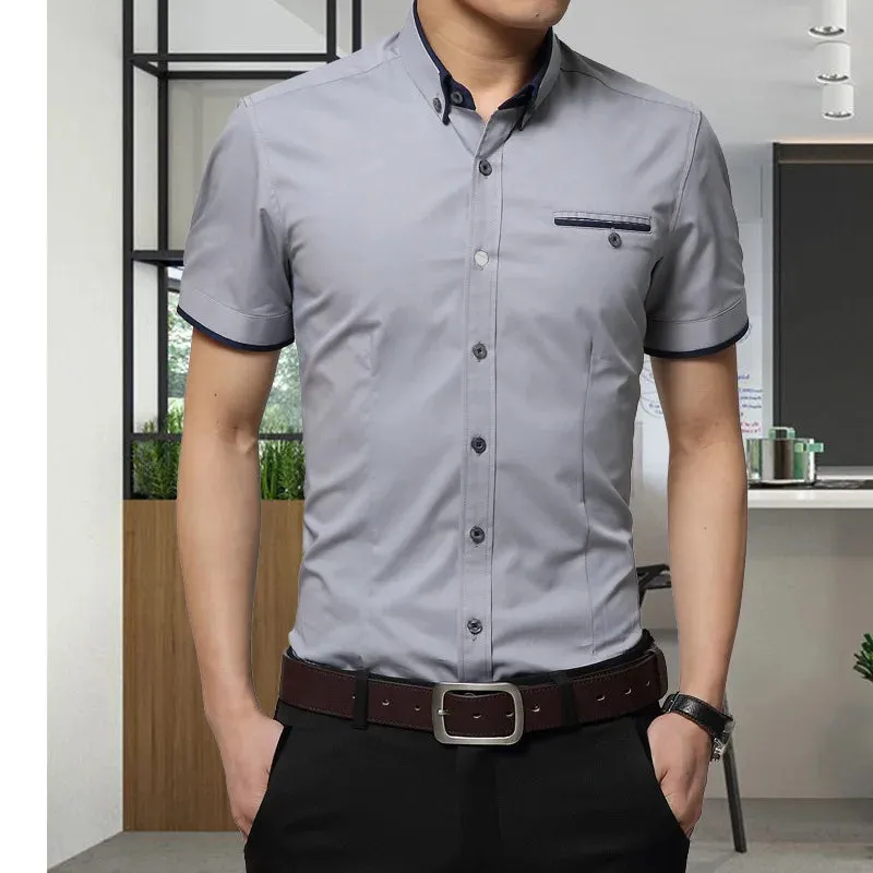 New Men's Summer Business Shirt, Short Sleeves, Turn-Down Collar, Tuxedo Style